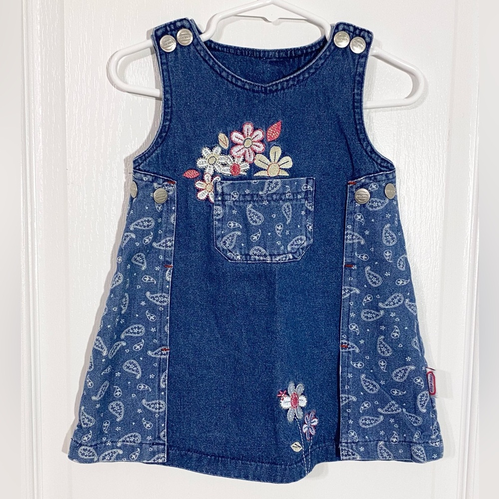 Y2K VTG Little Tikes Embroidered Floral & Paisley Denim Jumper Dress Size 18M